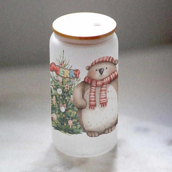 Christmas Cute Character Glasses cup 16 oz glass cup with Straw & Bamboo Lid. - Picture 6 of 6